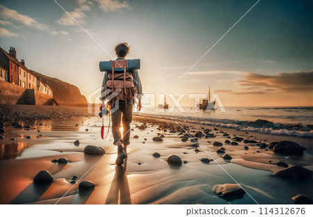 Solitary Explorer at Seaside Dawn 114312676