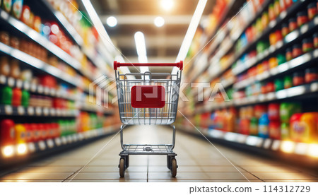 Empty Shopping Cart in Supermarket Aisle Empty Shopping Cart in Supermarket Aisle 114312729