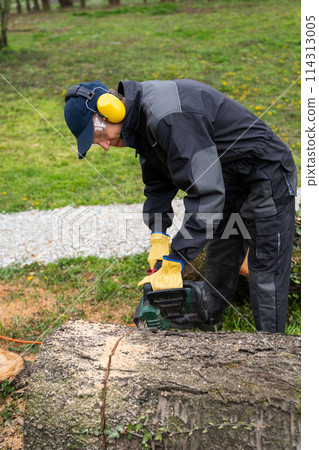 A man in uniform cuts an old tree in the yard with an electric saw. 114313005