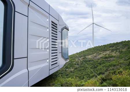 Concept of futuristic zero emission modular house powered with renewable energy. Concept of futuristic zero emission modular house powered with renewable energy. 114313018