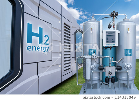 Concept of futuristic modular house powered with green hydrogen energy. 114313049