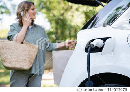 Woman with shopping bag next to a charging electric car Woman with shopping bag next to a charging electric car 114313076