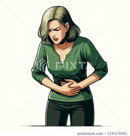 A woman complaining of abdominal pain A woman complaining of abdominal pain 114313093