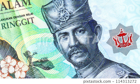Sultan Hassanal Bolkiah portrait on Brunei 1 dollar banknote. Bank of Brunei Darussalam banknote. His Majesty Sultan Haji Hassanal Bolkiah in military uniform Sultan Hassanal Bolkiah portrait on Brunei 1 dollar banknote. Bank of Brunei Darussalam banknote. His Majesty Sultan Haji Hassanal Bolkiah in military uniform 114313272