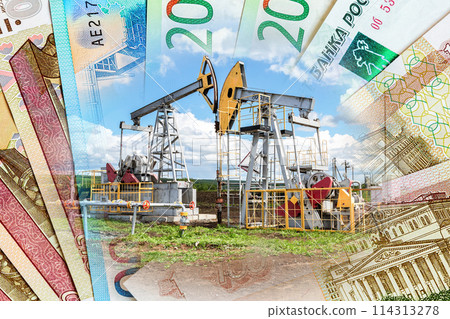 Oil pump jack fracking crude extraction machine and money background from russian roubles 114313278