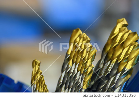 Close-up scene new coating drill tools. Close-up scene new coating drill tools. 114313356