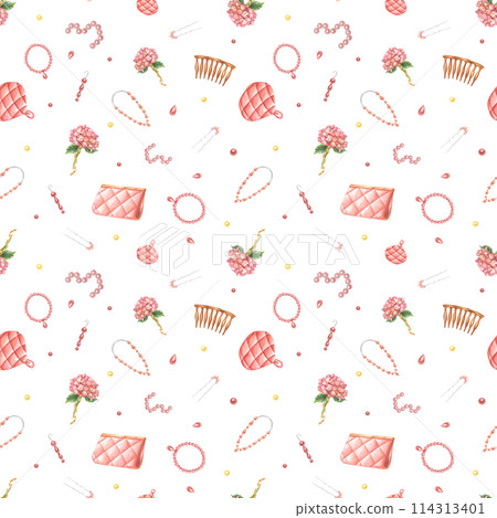 Female accessories with flowers. Clutch, necklace, vintage hairpins with pearls and hydrangea flower. Seamless pattern of bijouterie. Watercolor illustration for wedding design, package Female accessories with flowers. Clutch, necklace, vintage hairpins with pearls and hydrangea flower. Seamless pattern of bijouterie. Watercolor illustration for wedding design, package 114313401