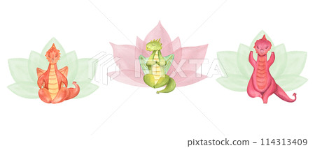 Abstract blooming lotus symbol. Hand drawn waterlily. Simply red flower. Lotus icon. Geometric shape. Watercolor stylized illustration isolated on white background. For design, logo, label 114313409