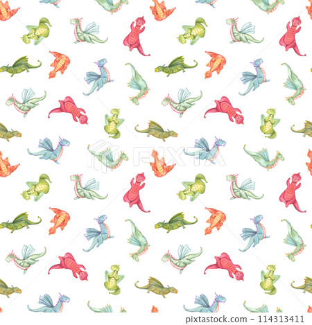 Multicolored meditating dragons. Flying animals in various poses of yoga. Seamless pattern with dragon practicing fitness exercises. Watercolor stylized illustration for fitness center design Multicolored meditating dragons. Flying animals in various poses of yoga. Seamless pattern with dragon practicing fitness exercises. Watercolor stylized illustration for fitness center design 114313411