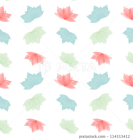 Abstract blooming lotus symbol. Hand drawn waterlily. Seamless pattern of simply red, green, blue flowers. Lotus icon. Geometric shape. Watercolor stylized illustration. For design, logo, label 114313412