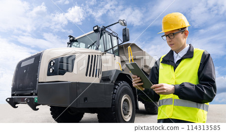 Man worker with tablet computer stands next to mining truck 114313585