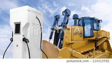 Electric construction bulldozer with charging station. 114313592
