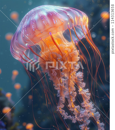 Bright jellyfish, with long tentacles vibrant colors Bright jellyfish, with long tentacles vibrant colors 114313658