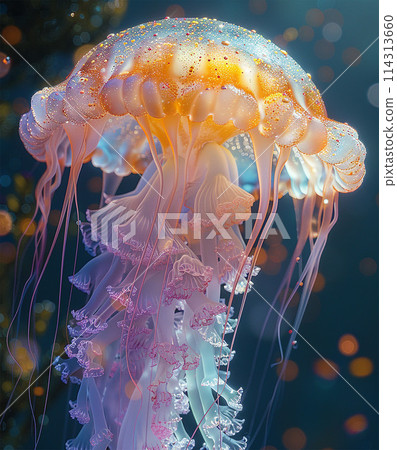 Bright jellyfish, with long tentacles vibrant colors Bright jellyfish, with long tentacles vibrant colors 114313660