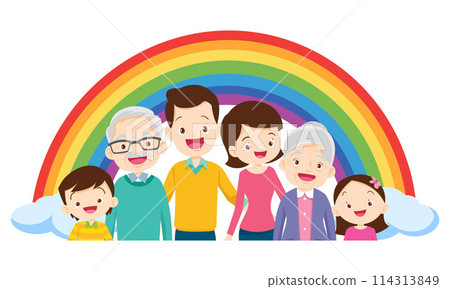 Happy big family in front of house ,rainbow Happy big family in front of house ,rainbow 114313849