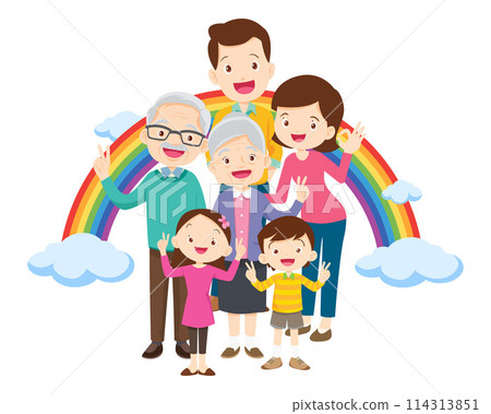 Happy big family in front of house ,rainbow Happy big family in front of house ,rainbow 114313851