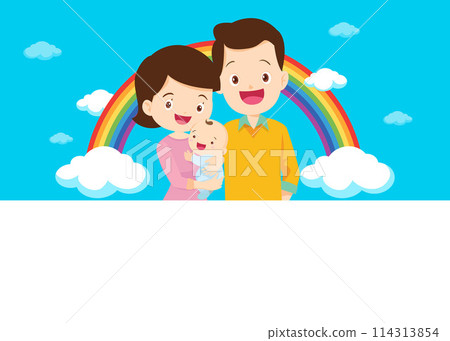 Happy big family in front of house ,rainbow Happy big family in front of house ,rainbow 114313854