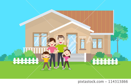 Happy big family in front of house ,rainbow 114313866