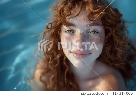 Sun-Kissed Beauty: Adorable Young Woman with Blue Eyes, Red Long Curly Hair, and Cute Freckles Smiling in the Pool - Summer Activities 114314009