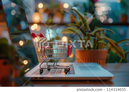 A shopping cart sits on top of a laptop computer in a building A shopping cart sits on top of a laptop computer in a building 114314035