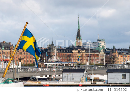 Swedish flag flying in Stockholm, Sweden 114314202