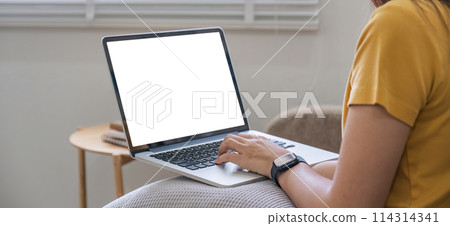 Young woman using laptop screen blank, mockup lying on the sofa at home Young woman using laptop screen blank, mockup lying on the sofa at home 114314341