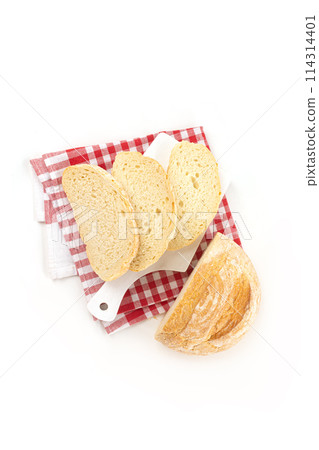 Fresh slice of bread on a white background for breakfast. 114314401