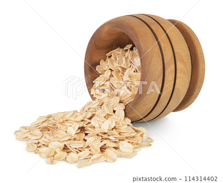 Oat flakes in wooden bowl isolated on white background with full depth of field 114314402