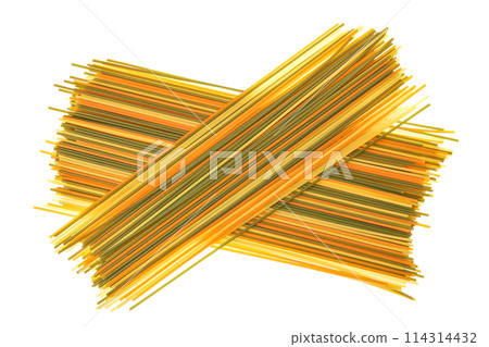 Colorful spaghetti tricolore pasta isolated on white background. Top view. Flat lay Colorful spaghetti tricolore pasta isolated on white background. Top view. Flat lay 114314432