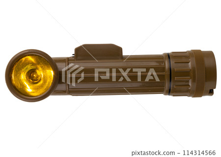 vintage military style flashlight with yellow light isolated on white 114314566