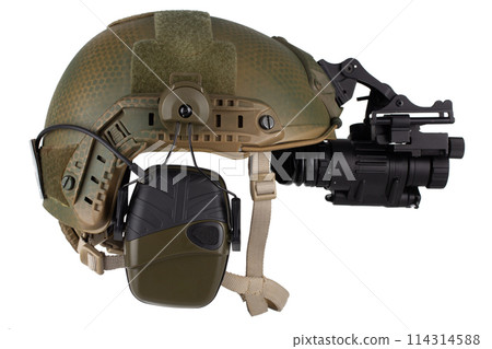 Night vision goggles on military helmet. Night vision goggles on military helmet. 114314588