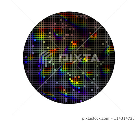 Poly crystalline silicon wafer with microchips and rainbow highlights on white Poly crystalline silicon wafer with microchips and rainbow highlights on white 114314723