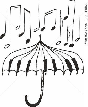 Sketch, an open umbrella in the rain with musical notes. The concept of a musical melody of rain Sketch, an open umbrella in the rain with musical notes. The concept of a musical melody of rain 114314866