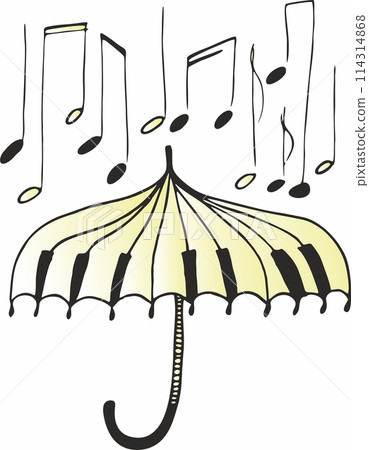 Sketch, an open umbrella in the rain with musical notes. The concept of a musical melody of rain 114314868