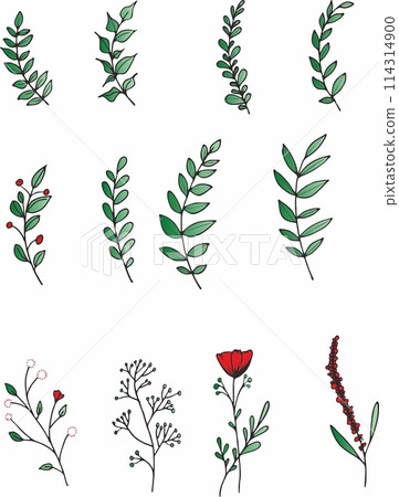 Set of floral elements. Flower red, burgundy, navy blue rose, green leaves. Wedding concept - flowers. Floral poster, invite. Vector arrangements for greeting card or invitation design Set of floral elements. Flower red, burgundy, navy blue rose, green leaves. Wedding concept - flowers. Floral poster, invite. Vector arrangements for greeting card or invitation design 114314900