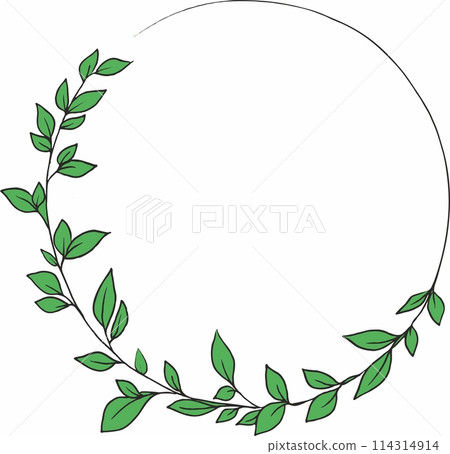 Round botanical frame. Circular wreath. Letter O with green branches. Floral font. Artistic alphabet with botanical motifs. Round botanical frame. Circular wreath. Letter O with green branches. Floral font. Artistic alphabet with botanical motifs. 114314914