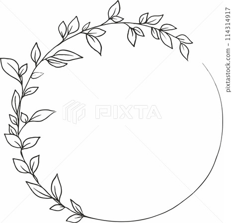 Round botanical frame. Circular wreath. Letter O with green branches. Floral font. Artistic alphabet with botanical motifs. 114314917