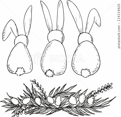 Cute easter Bunny with easter eggs and typography for easter greeting cards. Hand drawn doodle vector illustration Cute easter Bunny with easter eggs and typography for easter greeting cards. Hand drawn doodle vector illustration 114314920