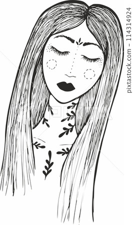 Vector art drawing, portrait of gorgeous dreamy girl isolated on white. Facial expressions, people positive emotions, tender lady 114314924