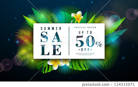 Summer Sale Design with Flower and Exotic Leaves on Dark Blue Background. Tropical Floral Vector Beach Holiday Illustration with Special Offer Typography for Coupon, Voucher, Banner, Flyer 114315071