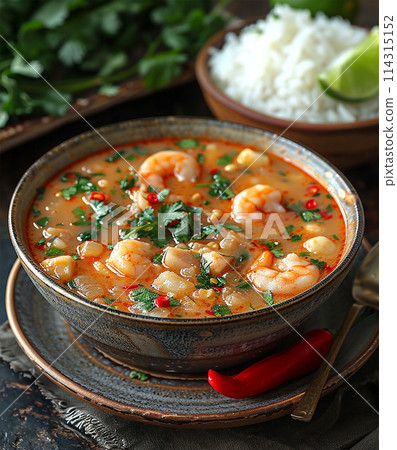tom yum soup, hot, in a beautiful plate with rice there is a piece of lime, red pepper 114315152