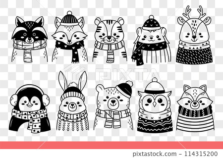 Animals in winter clothes and scarves with hats ready to celebrate christmas. Hand drawn doodle. 114315200