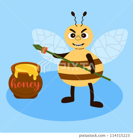 Terrible bee with a spear guarding a pot of honey Cartoon style Emotions Kids Illustration Flat style 114315223