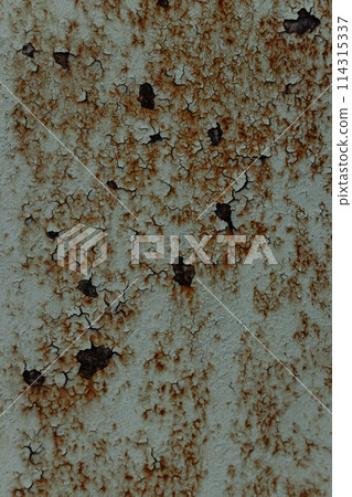 Rusty metal surface. Rough vertical background. Dirty aged pattern. Grunge cracked background. Industrial textured backdrop. Scratch template. Vintage blue and yellow corrosion banner. 114315337