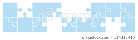 Jigsaw puzzle template pieces, pattern for game backgrounds. Flat vector illustration isolated on white background. Jigsaw puzzle template pieces, pattern for game backgrounds. Flat vector illustration isolated on white background. 114315410