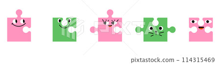 Cute puzzle character with abstract face, eyes and funny expression emoji. Flat vector illustration isolated on white background. 114315469