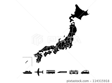 Illustration of Japan map and transportation icons (black) 114315918