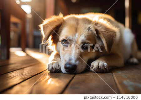 Cute dog lying on the floor and looking at camera. Muzzle with big eyes close up. Portrait of tired dog resting on a wooden floor at home. Adorable domestic pet concept. Fluffy puppy Cute dog lying on the floor and looking at camera. Muzzle with big eyes close up. Portrait of tired dog resting on a wooden floor at home. Adorable domestic pet concept. Fluffy puppy 114316000