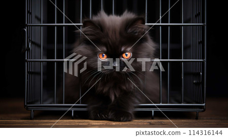 black Persian cat with thick and smooth fur, pure black and sweet sitting in a cage waiting for its owner to come home , Generate AI 114316144
