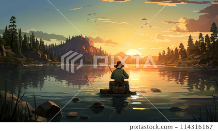 a man wearing a hat, is fishing in the lake , Generate AI 114316167